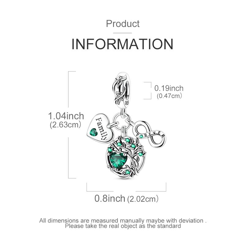Original 925 Silver Charm Bead Green Zircon Family Tree Pendant for Bracelet Necklace DIY Jewelry Gift