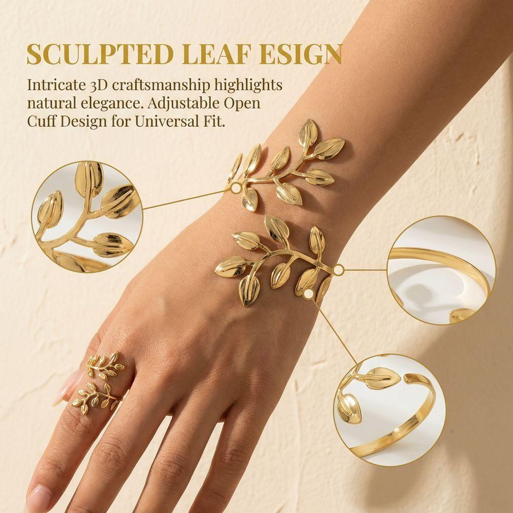 Open Armband Ring Set Gold Jewelry Set Fashion Leaf Upper Arm Cuff  Unisex