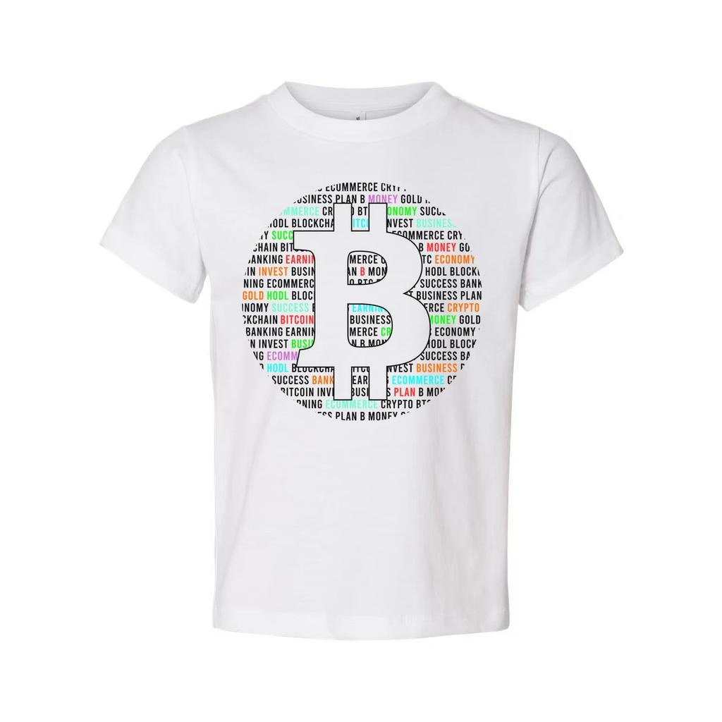 Unisex Bitcoin Logo T Shirt With Colorful Word Cloud Design For Crypto Enthusias