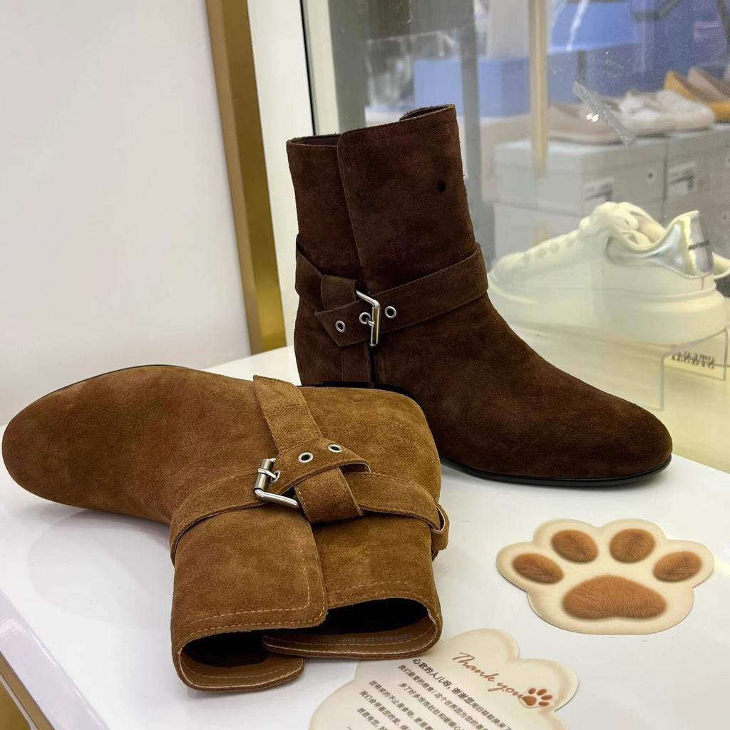 Sheepskin version~ Maillard suede inner height increase round head cowboy boots short boots women's 2025 new belt buckle Martin boots