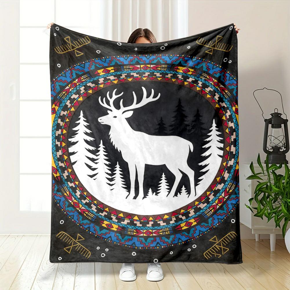 Tribal Deer Design with Forest Pattern Flannel blanket for bedroom, living room, sofa, and nap sofas