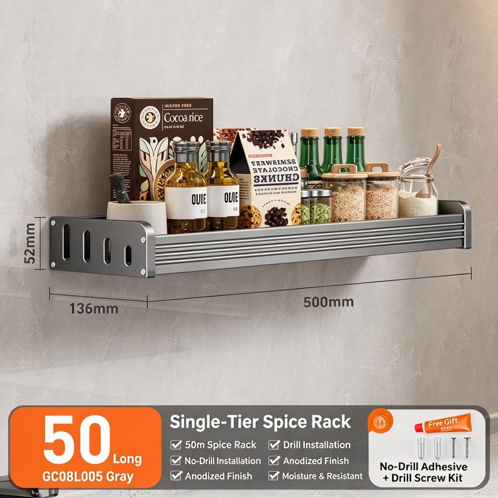 Kitchen Storage Rack Wall Mounted Knife Holder & Spice Organizer Multi-functional Seasoning Storage Shelf for Home No Drilling