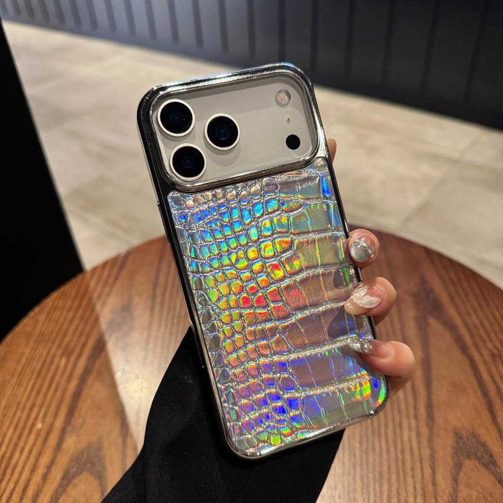 Luxury Aurora Crocodile Pattern Leather Phone Case For iPhone 17 Air 16 15 14 13 12 11 Pro Max Plus Plating Gradient Laser  Shockproof protect Cover