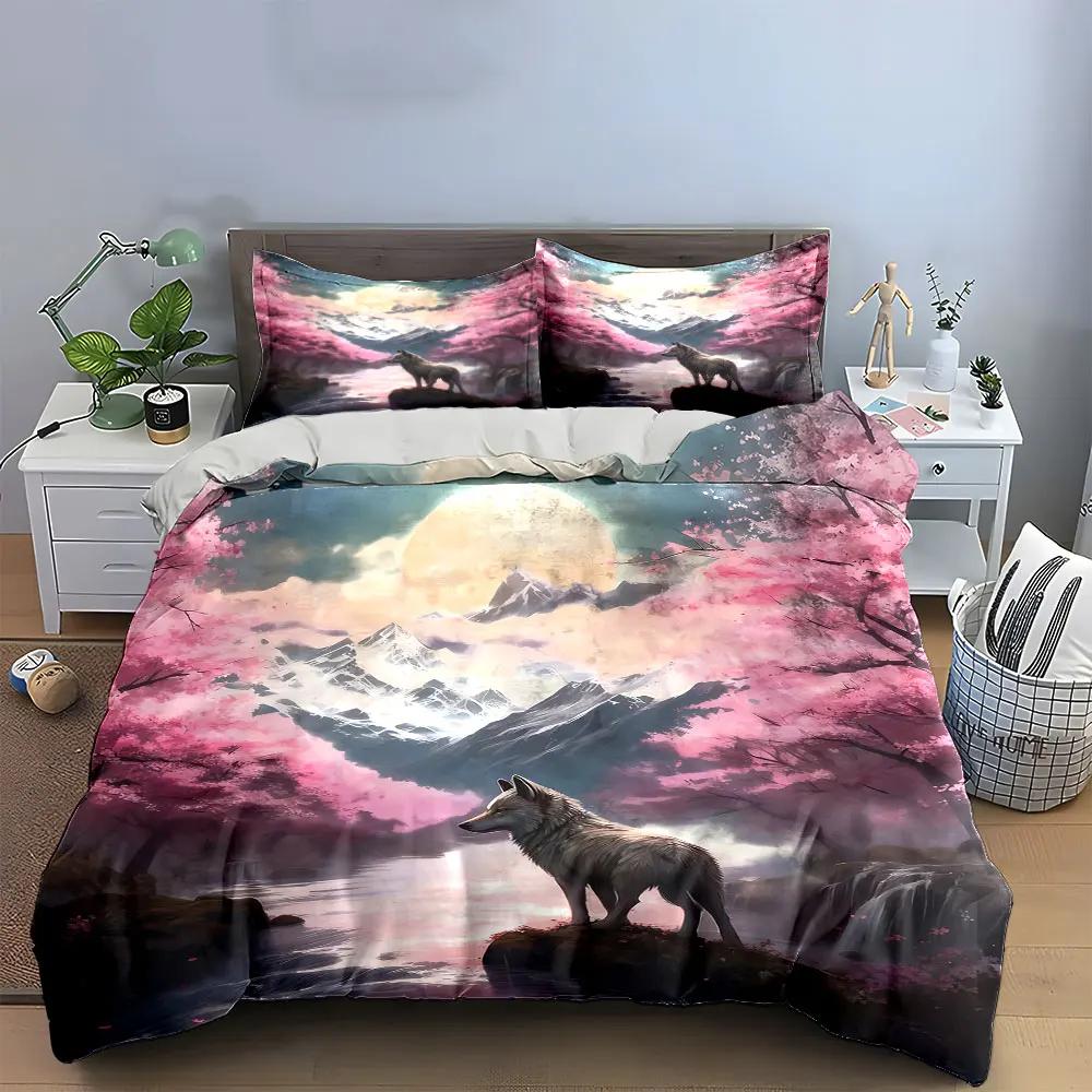 Wolf Sakura Mountain Art Decor Soft Comfortable Duvet Cover Bedding Set Included 1*Duvet Cover & 2*Pillowcases Gift