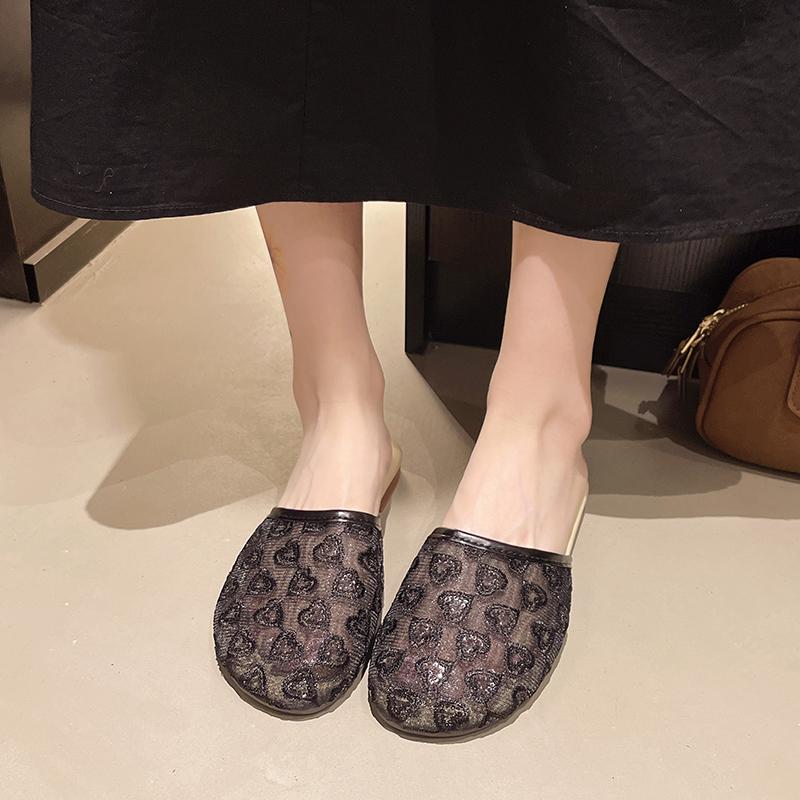 Fashion Baotou Slippers Summer New Round Head Deep Mouth Mesh Cloth Breathable Embroidery Soft Sole Non-slip Flat Shoes