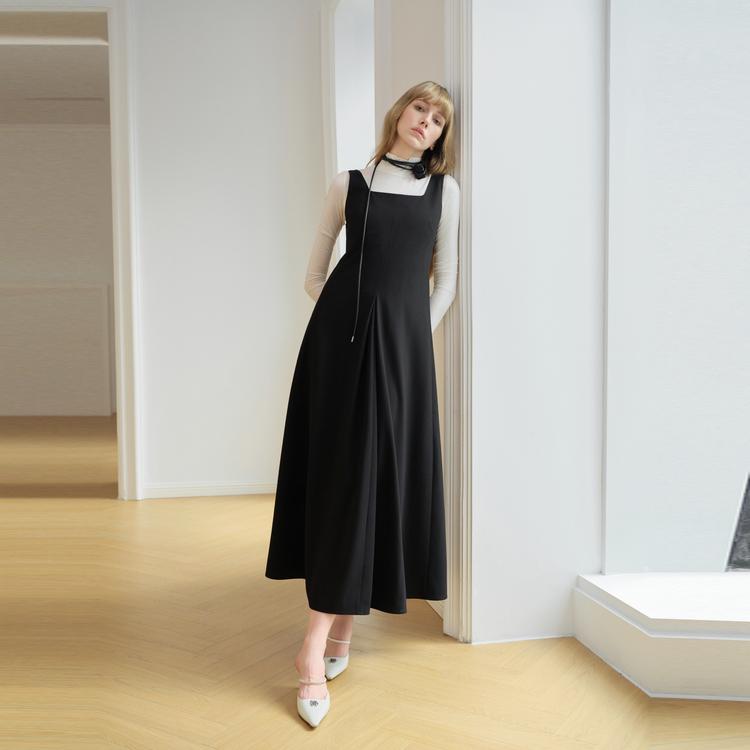 ELLE Solid Color U-Neck Mid-Length Wool Sleeveless Dress Women dresses Black L7WLM025