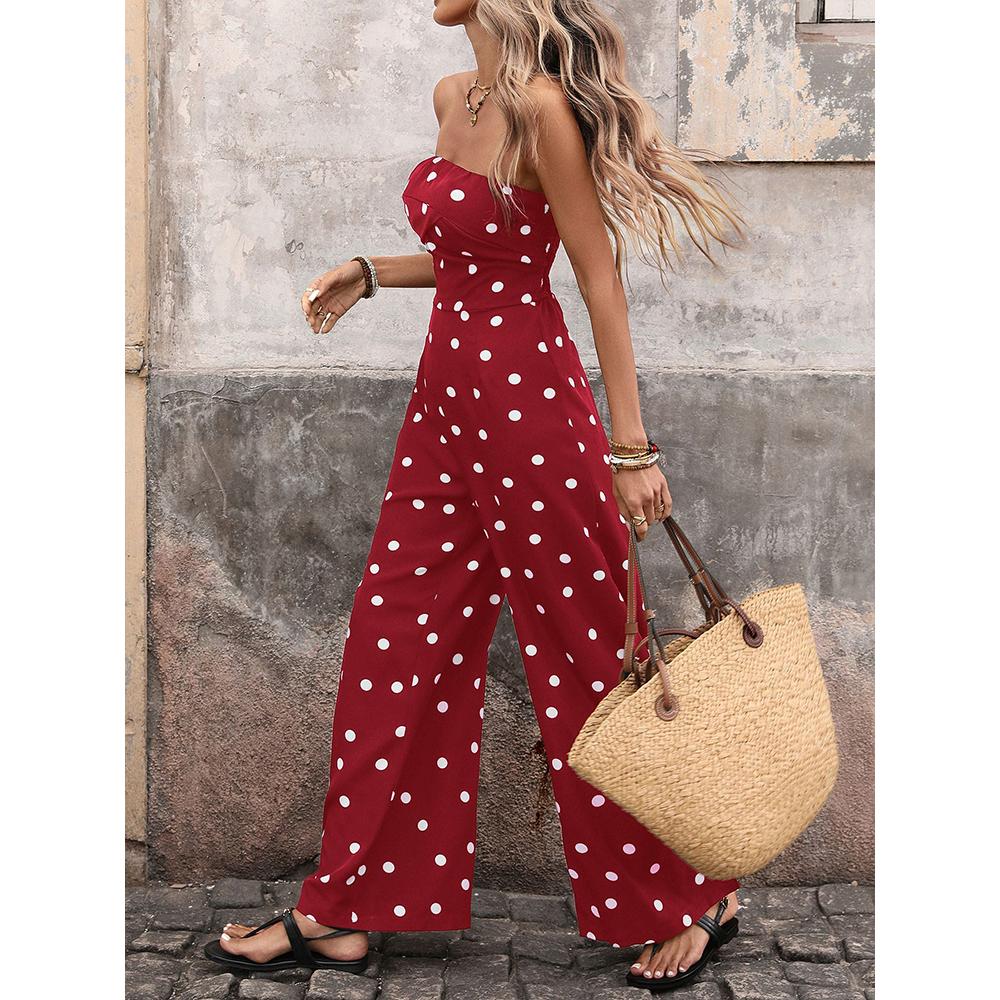 Womens Sexy Jumpsuits Polka Dot Tube Top Wide Leg Pants Vacation Jumpsuits Going Out