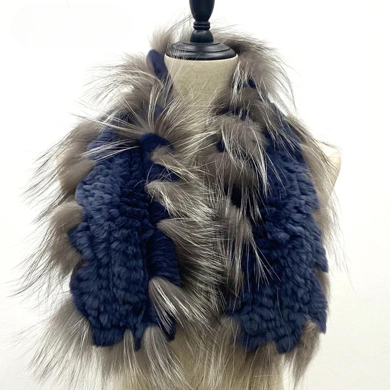 Women Stylish Warm Scarf Natural Fluffy Fox Fur Shawls Winter Female Fashion Knitted Rabbit Fur Scarves 90x10cm