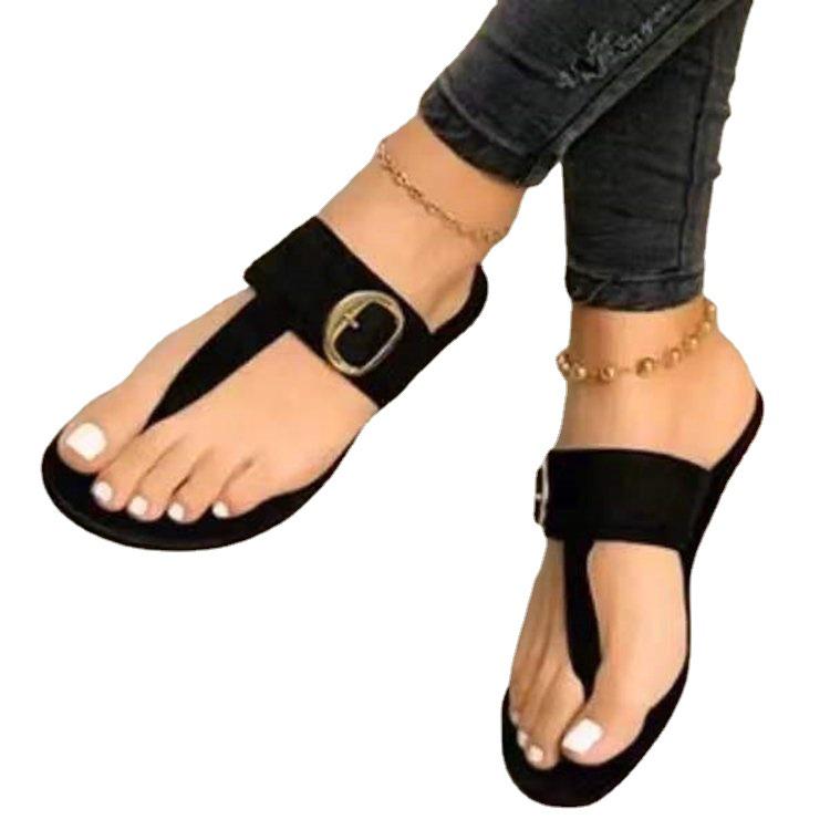 Plus Size Women's Summer Flat Toe-Post Sandals with Metal Buckle