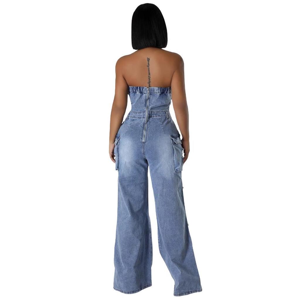 European & American Casual Strapless Slim-Fit Denim Jumpsuit for Women