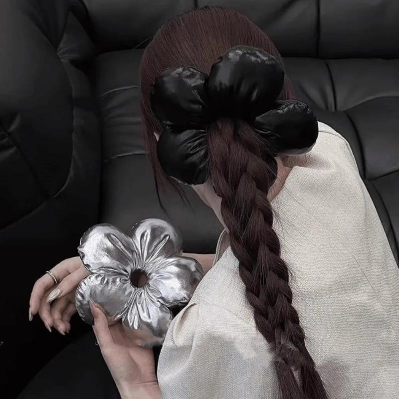 Soft Pillow Elastic Hair Band Scrunchie for Women Luxury Design Big Flower Filled Cotton Solid Satin Ponytail Ties Accessories