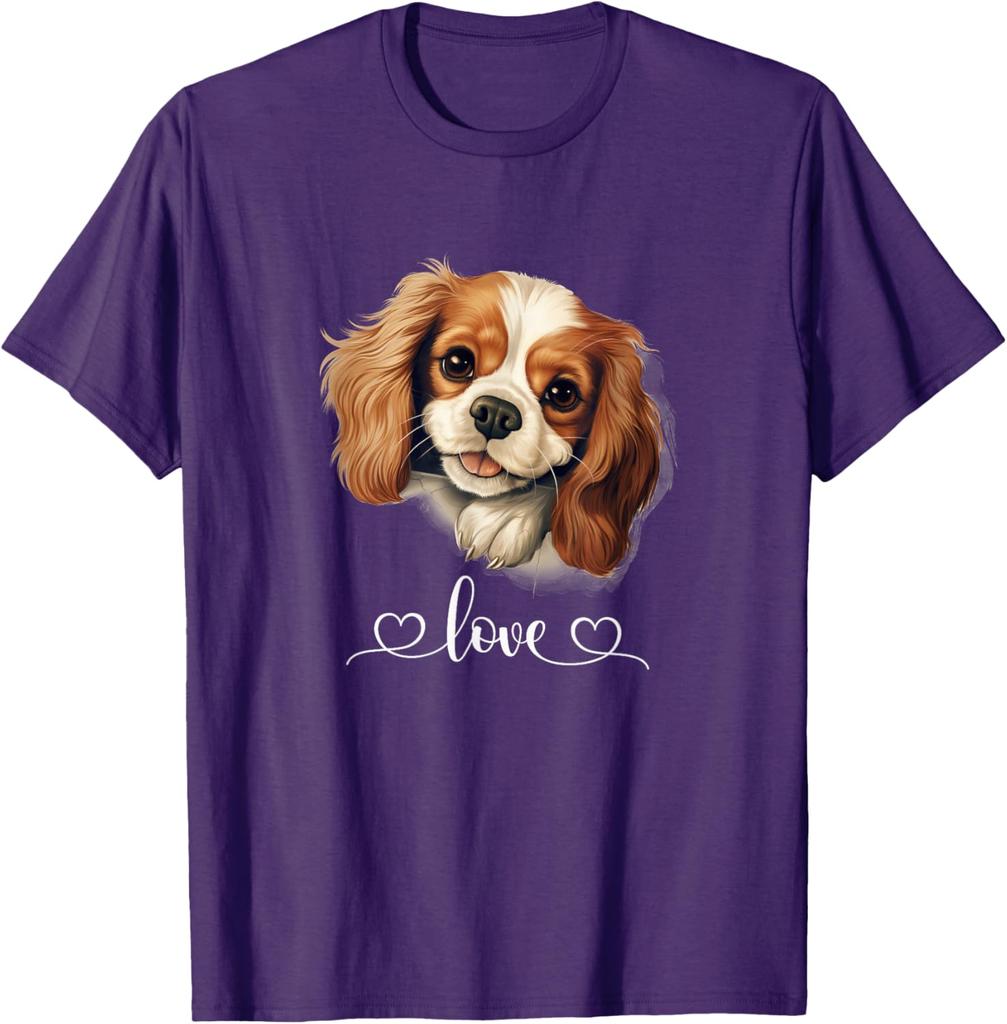Cavalier King Charles Spaniel Dog Love Graphic Print Cotton T-Shirt Casual Round Neck Tee