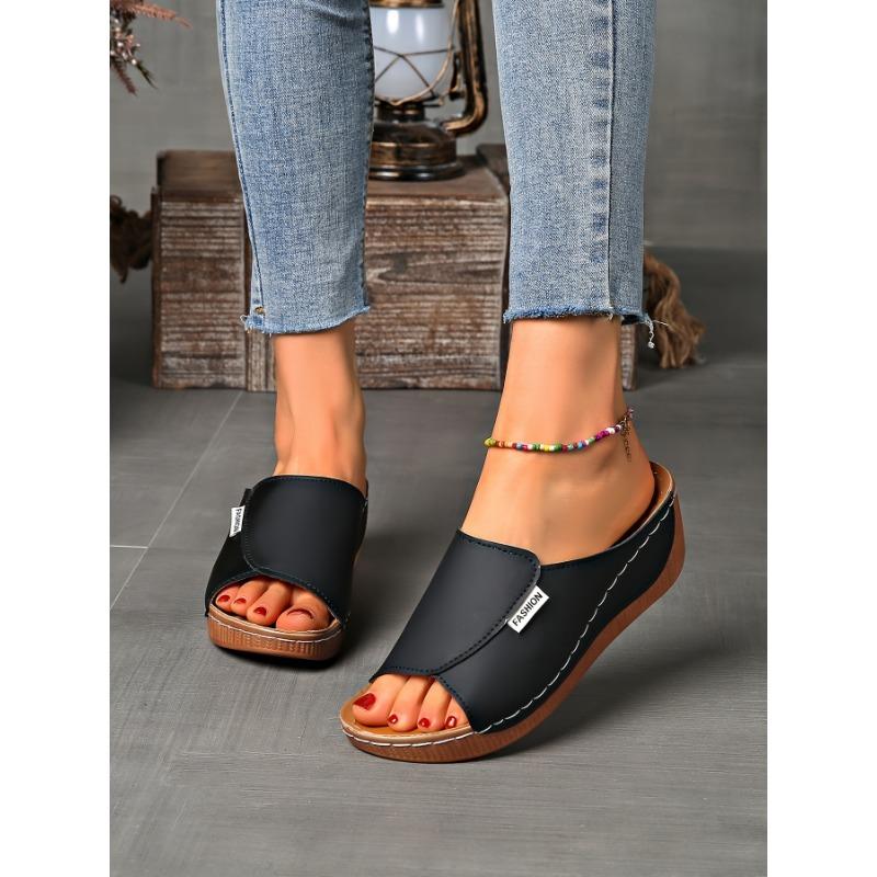 Large-sized Thick-soled Casual Slipper Women's Shoes 2025 New Style Wide Band Simple and Fashionable Fish-mouth Wedge Heel Slipper