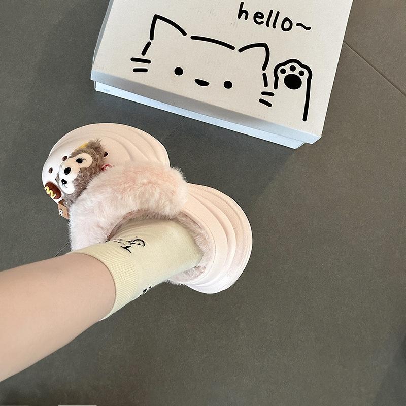 Shirley Mei Casual Hairy Two Wearing Hole Shoes Women's 2025 Autumn and Winter Cute Cartoon Thick-soled Baotou Slippers Cotton Slippers
