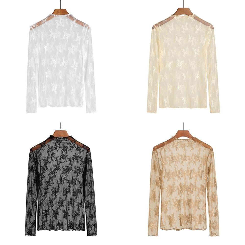 Mesh Lace Bottomed Blouse Hollow Lace Floral Shirts Elegant Transparent T-shirt Spring Autumn