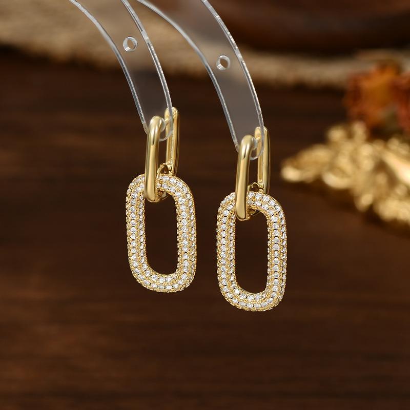 Stainless Steel Double Loop Drop Earrings for Women Girls Geometric Round Rhinestone Pendant Earrings Jewelry Gift