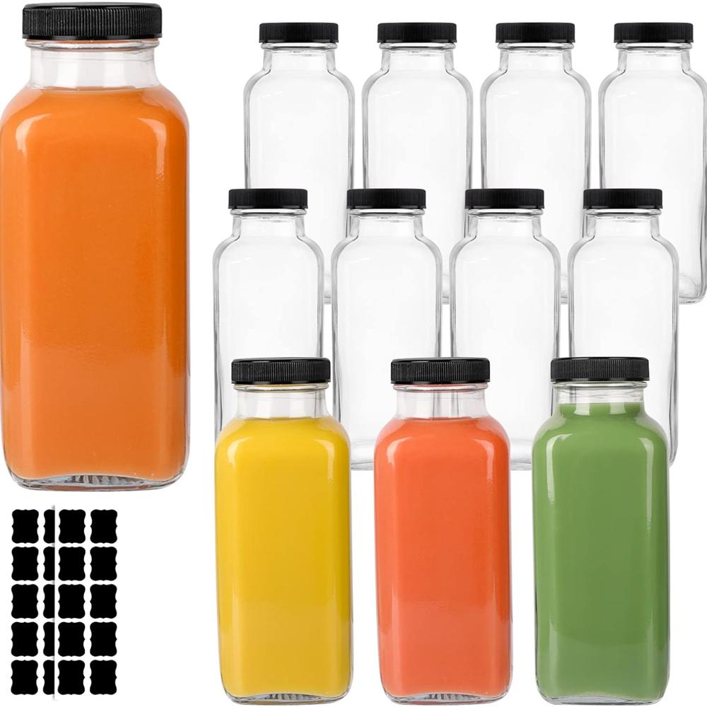 300ml Glass Juice Bottles with Lids Square Reusable Drinking Jars for Juicing, Milk, Kombucha Octagonal Vintage Juice Bottle