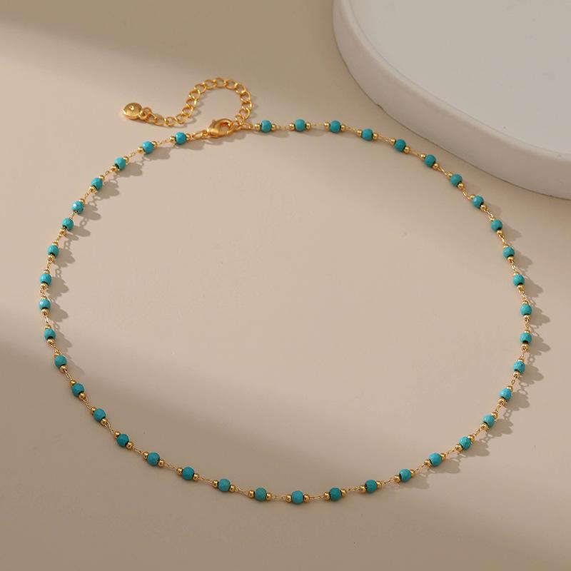 Gold Plated Turquoise Beaded Necklace Women Fashion Versatile Jewelry бирюзовый