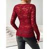 Elegant V Neck Scalloped Edge Solid Color Long Sleeve Slim Fit Lace Pullover Top For Women