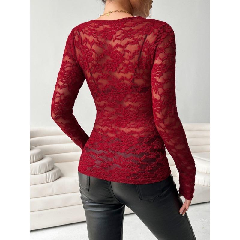 Elegant V Neck Scalloped Edge Solid Color Long Sleeve Slim Fit Lace Pullover Top For Women