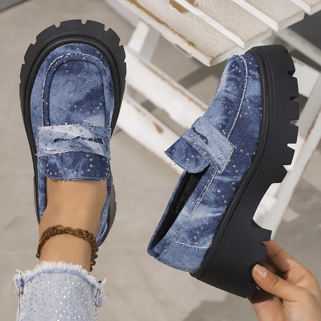 Rimocy 2025 New Women Chunky Heels Loafers Fashion Crystal Slip On Platform Shoes Woman Gothic Thick Bottom Shallow Denim Pumps