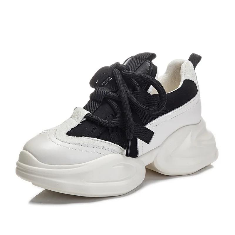 Height Increasing Women's Shoes Spring New Product Cowhide Thick Soled Shoes for Women's Casual Sports Shoes Platform Sneakers