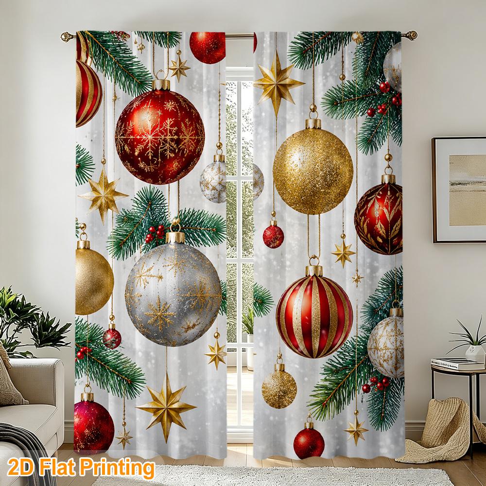 2pcs Rod Pocket Curtain with Red Golden Silver Christmas Ornaments Print, Stylish Window Drapes for Home Decor Living Room Bedroom