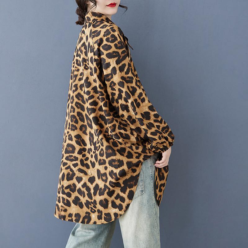 DIMANAF 2025 Dámská Letní Nadměrná Košile Blůza Dlouhý Rukáv Knoflíky Módní Leopardí Topy Trička Volná Nová Blůza