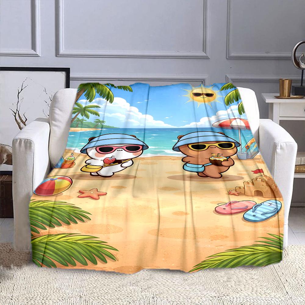 Cartoon Bears Enjoying a Sunny Beach Day Patterned flannel blanket perfect for the bedroom living room, sofa, or a little nap