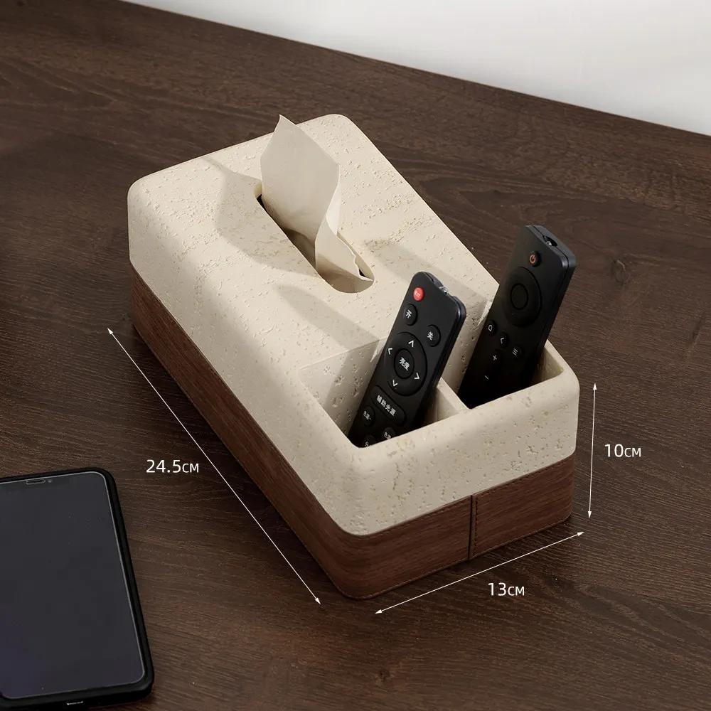 

Travertine Style Tissue Box with Walnut Grain, Remote Control Holder for Coffee Table, Modern Minimalist Napkin Dispenser 2-in-1