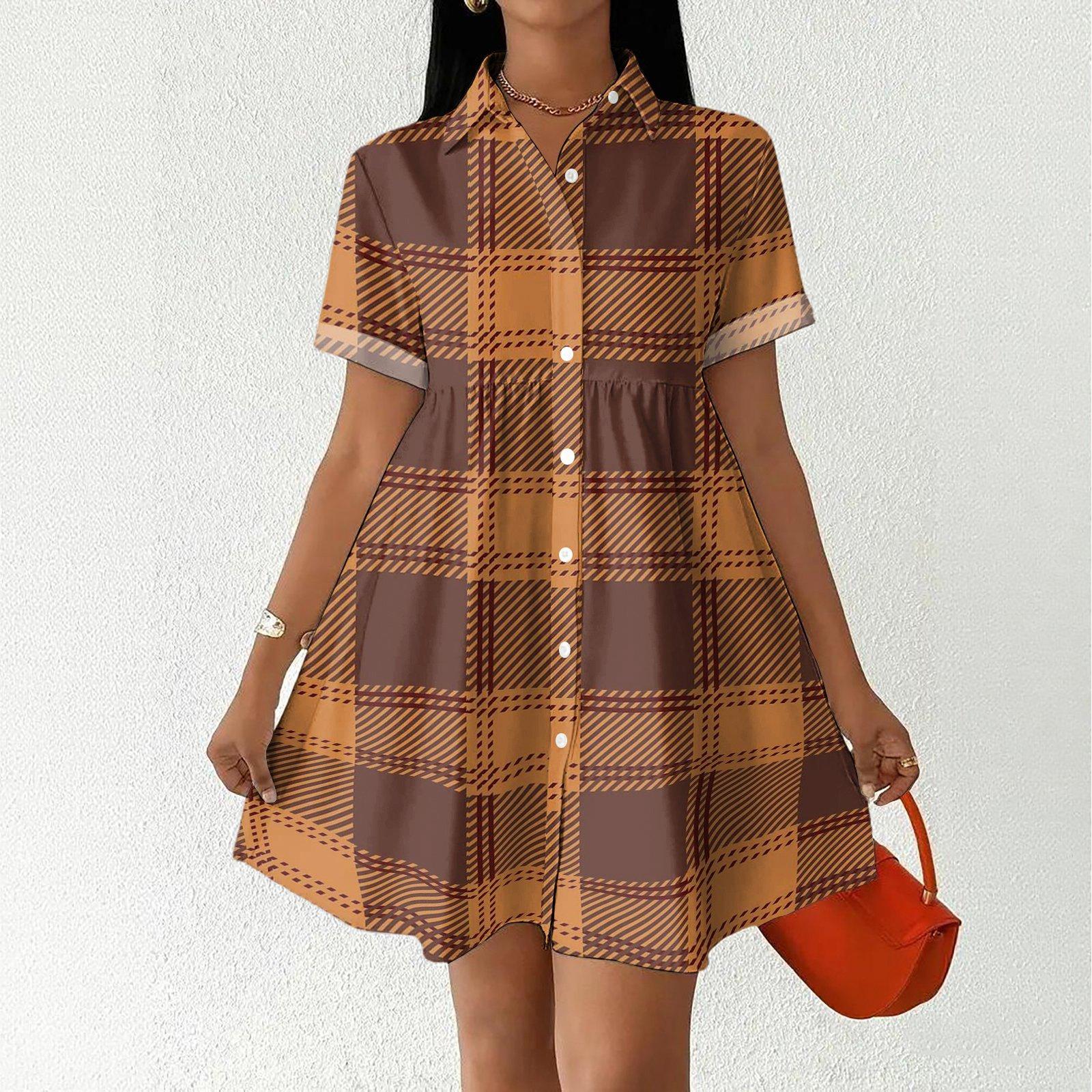 

Casual Loose Fit Shirt Dress with Button Front and Stand Collar Short Sleeve Relaxed Fit Plaid Pattern Dress for Women M коричневый