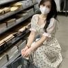 Summer New Square Neck Short Sleeve Waist Skinny Bubble Sleeve Skirt Floral French Dress Women's Clothing