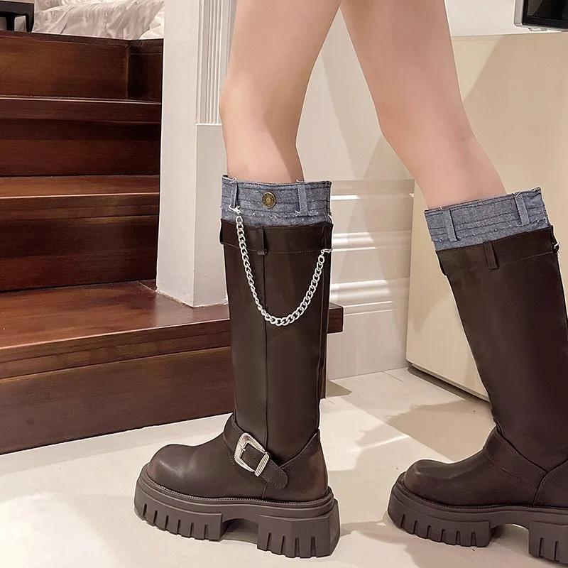 2024Platform Belt Buckle But Knee High Boots Woman Autumn Thick Heel Western Cowboy Knight Botas Patchwork Versatile Women Shoes