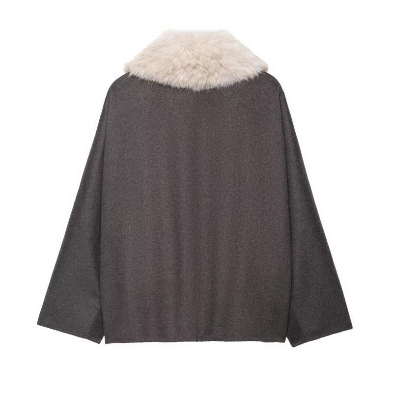 Womens Wool Blend Long Sleeve Coat With Faux Fur Collar Loose Fit Street Style Winter Outerwear
