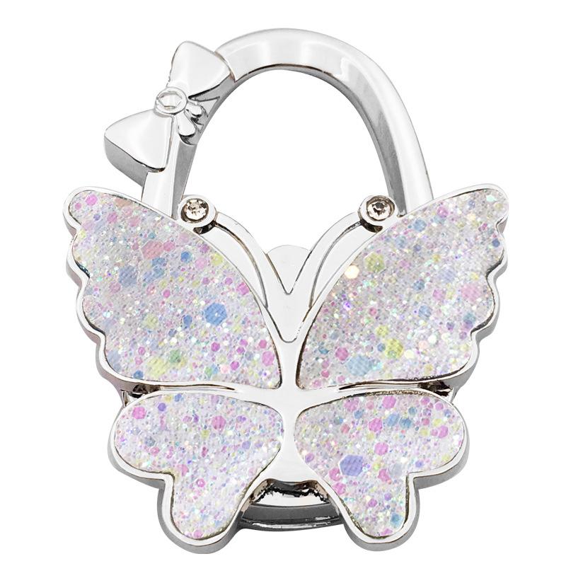 Foldable Sturdy Butterfly Purse Hook Colorful Glitter Metal Frame Table Bag Holder for Cafe Bar Outdoor Use