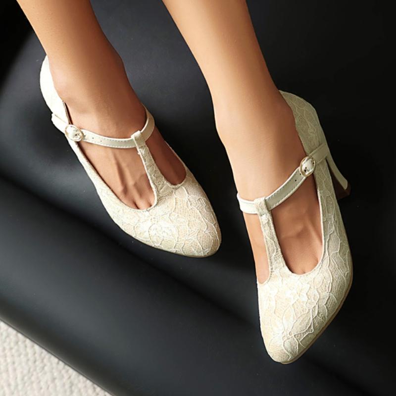 Women's High Heels Mary Janes Shoes 2025 Autumn Elegant T-strap Beige Black Heeled Party Wedding Dance Shoes Female Dress Pumps