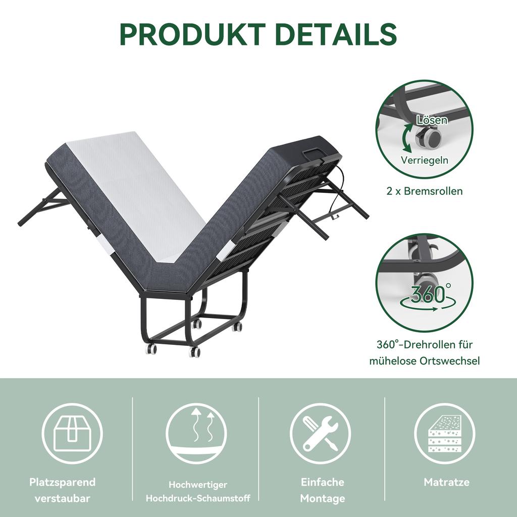 190 × 96 cm Klapp-Einzelbett mit 9,5 cm Memory-Schaumstoffmatratze, Tragbares Gästebett/Klappbett, Stabiler Metallrahmen