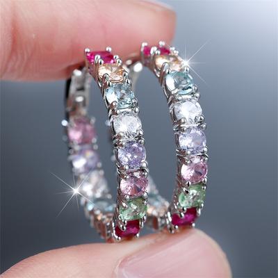 Multicolor Crystal Small Round Stone Hoop Earrings Vintage Silver Color Wedding Jewelry For Women Accessory Valentine's Day Gift