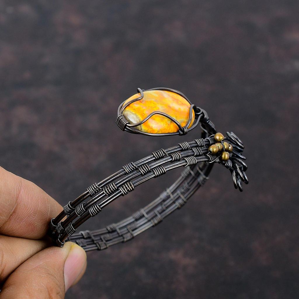 Hummel Jaspis Edelstein Armreif Kupferdraht gewickelt Manschettenarmband Handarbeit Schmuck Verstellbarer Armreif Kupferdraht Wickelschmuck Geschenk für Sie