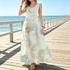 Light Sage Hazy Fluid Watercolor Abstract Print Sleeveless U-Neck Maxi Dress, Airy Flared Hem Coastal Vacation Tank Long Sundress For Women