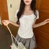 [Keren Cotton Modal] Korean floral lace lace-up short-sleeved T-shirt women's summer slim-fit pure desire top