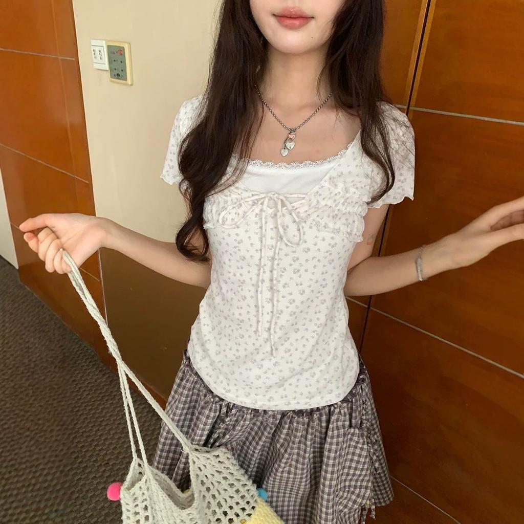 [Keren Cotton Modal] Korean floral lace lace-up short-sleeved T-shirt women's summer slim-fit pure desire top