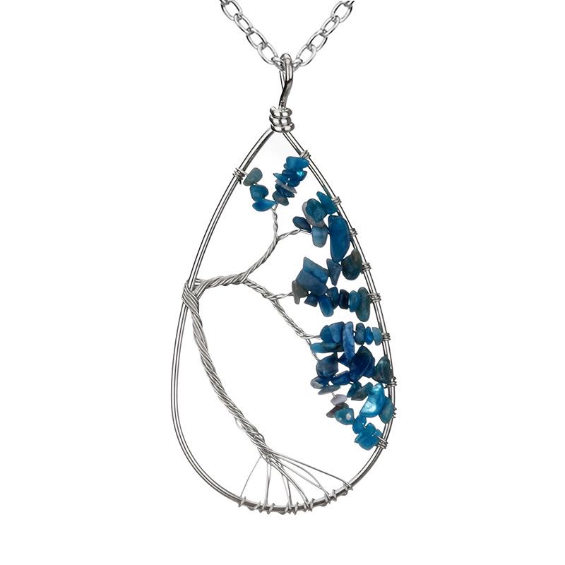 Handmade Silver Wrapped Copper Wire Crushed Stone Tree of Life Necklace, Water Drop Natural Stone Design, Bent Tree of Life Necklace N28.
