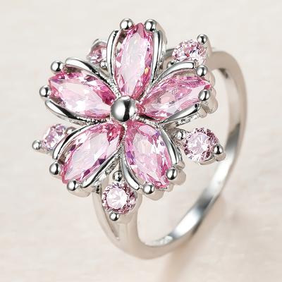 Niedliche weibliche rosa Kristallstein-Ring-Charme-gehobene dünne Hochzeitsringe für Frauen zierliche Braut-Blumen-Zirkon-Verlobungsring