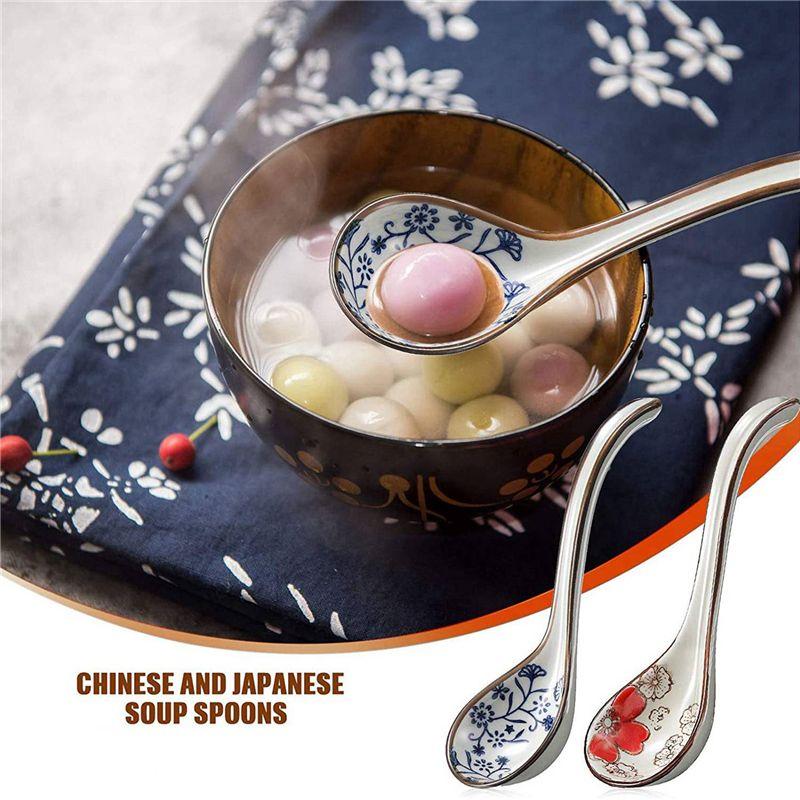 ABWR-8 Pieces Asian Retro Chinese Rice Spoons Curved Handle Ramen Soup Spoon Painted Flower Spoons With Long Handle