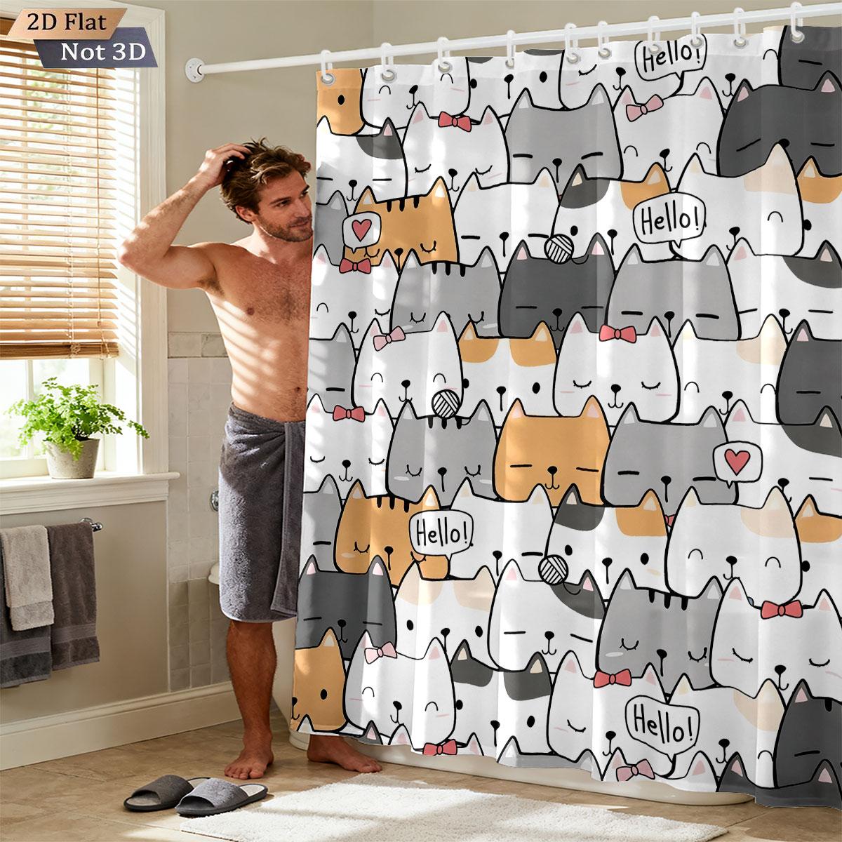 

1Pc Cute Cartoon Cat Printed Waterproof Shower Curtain Partition Privacy Hanging Curtain 12 Hooks Multiple Sizes W60H190(CM)-1 Pcs