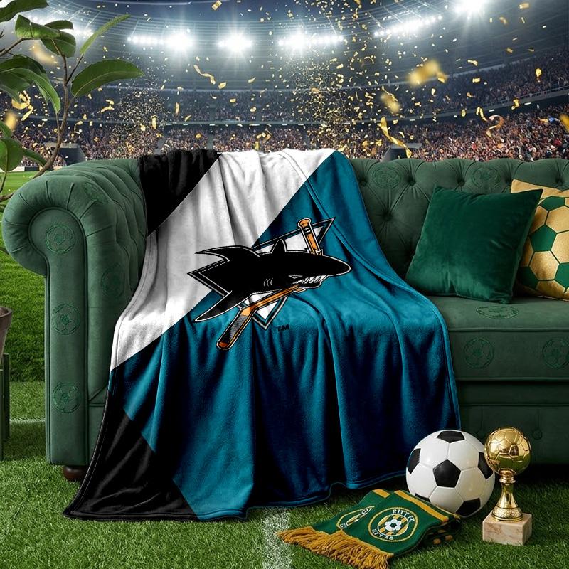 San-Jose Sharks Hockey Throws Blanket Flannel Blankets Plush for Couch Bed Gifts for Men Women Travel Picnic Blanket Christmas Fan Gifts