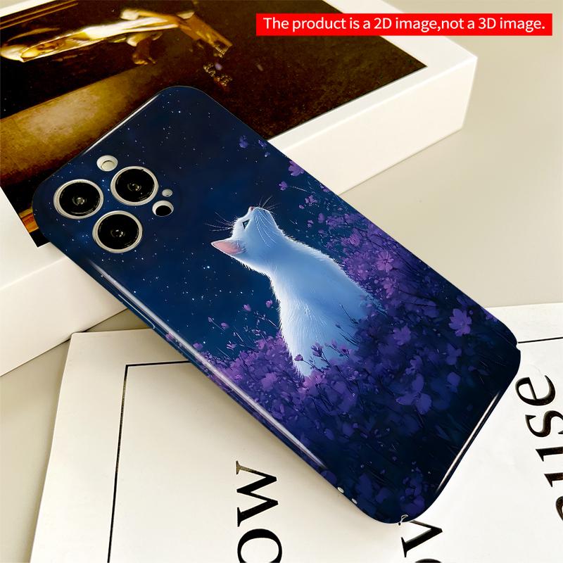 2DFlat Starry Night Cat In Purple Flowers All Inclusive Film Hard iPhone Case, Compatible with iPhone 18 Pro Max 17 16 15 14 13 12 11