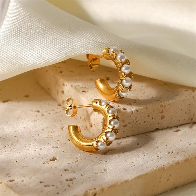 Youthway Stainless Steel Pearls C-shaped Ear Studs 18k PVD Gold Plated Tarnish Free Textured Occident Jewelry Women Gift 2025