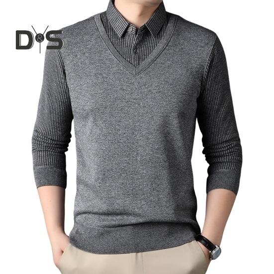 

Мужской свитер, имитация двухсекционной рубашки и свитера, формальный деловой стиль, отложной воротник, длинные рукава, полосатый офисный топ на осень и весну M